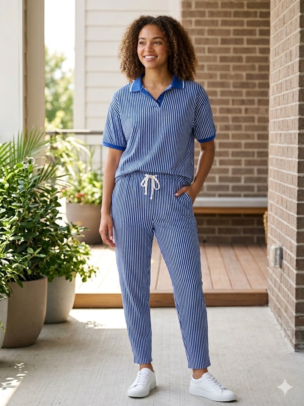 VTG Lizsport Blue White Striped Polo & Pants Matching Set Size М ,L 100% Cotton